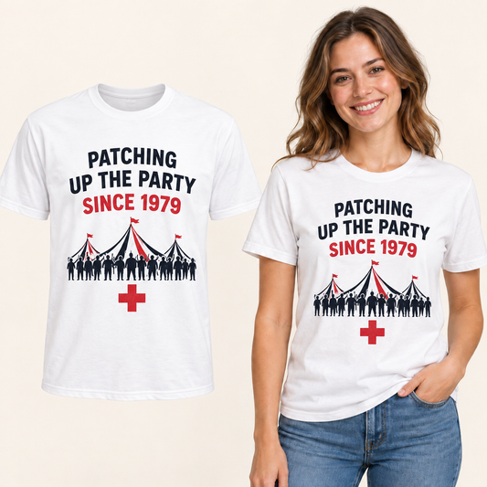 Patching Up the Party Since 1979 front-print White T-shirt beside an adult woman wearing the same design. FMS Friends.