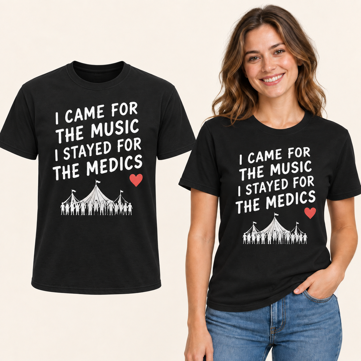 I Came for the Music Stayed for the Medics front-print Black T-shirt beside an adult woman wearing the same design. FMS Friends.
