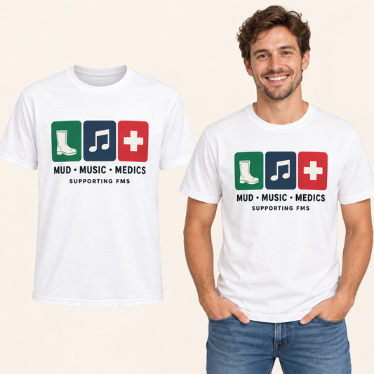 Mud Music Medics front-print White T-shirt beside an adult man wearing the same design. FMS Friends.