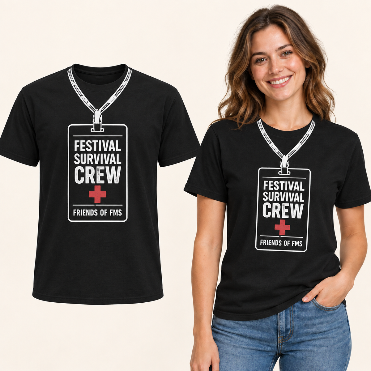 Festival Survival Crew front-print Black T-shirt beside an adult woman wearing the same design. FMS Friends.