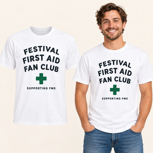 Festival First Aid Fan Club front-print White T-shirt beside an adult man wearing the same design. FMS Friends.
