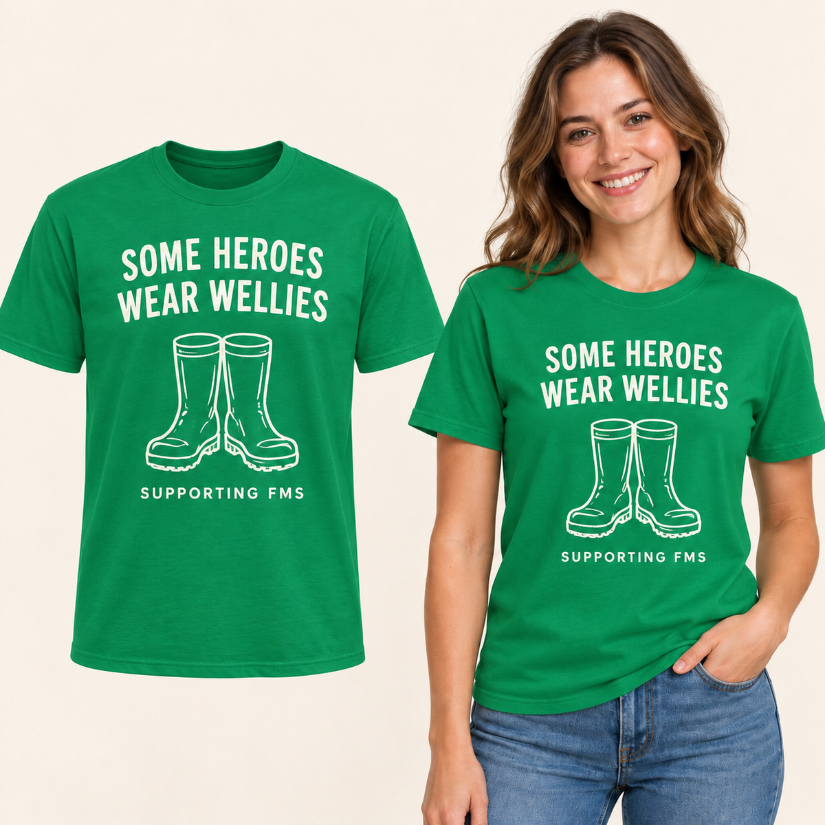 Some Heroes Wear Wellies front-print Kelly Green T-shirt beside an adult woman wearing the same design. FMS Friends.
