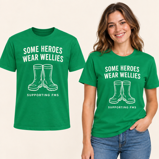 Some Heroes Wear Wellies front-print Kelly Green T-shirt beside an adult woman wearing the same design. FMS Friends.