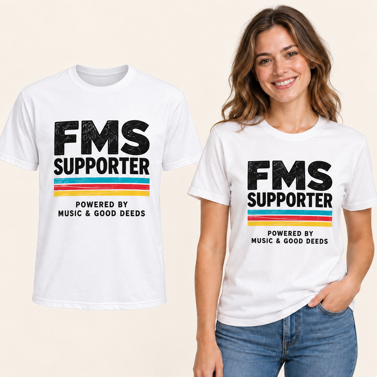 FMS Supporter Stripes front-print White T-shirt beside an adult woman wearing the same design. FMS Friends.