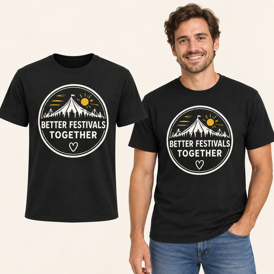 Better Festivals Together front-print Black T-shirt beside an adult man wearing the same design. FMS Friends.