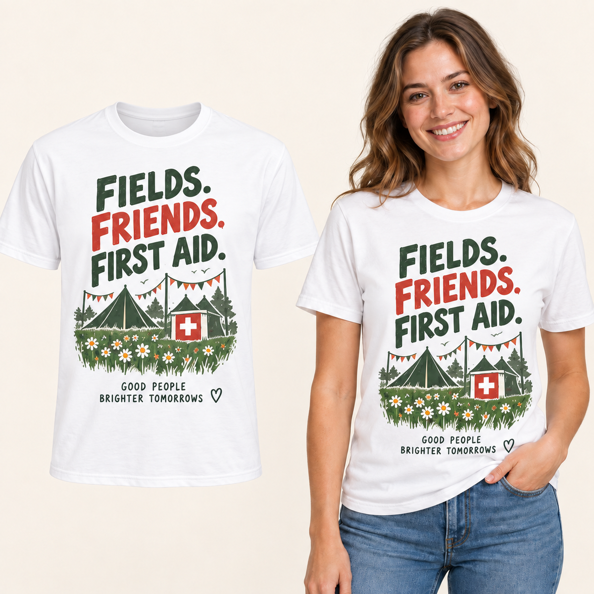 Fields Friends First Aid front-print White T-shirt beside an adult woman wearing the same design. FMS Friends.