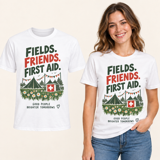 Fields Friends First Aid front-print White T-shirt beside an adult woman wearing the same design. FMS Friends.