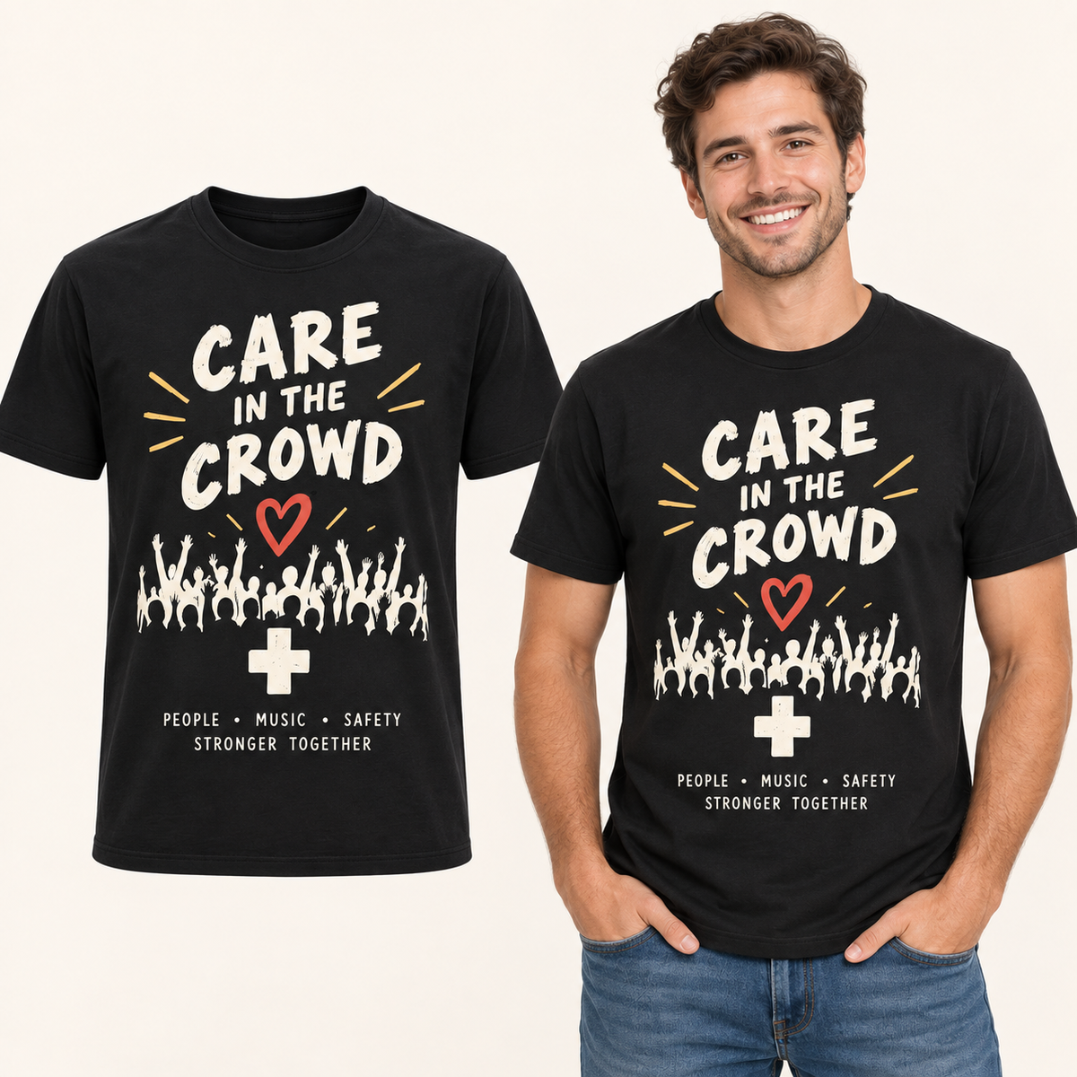 Care in the Crowd front-print Black T-shirt beside an adult man wearing the same design. FMS Friends.
