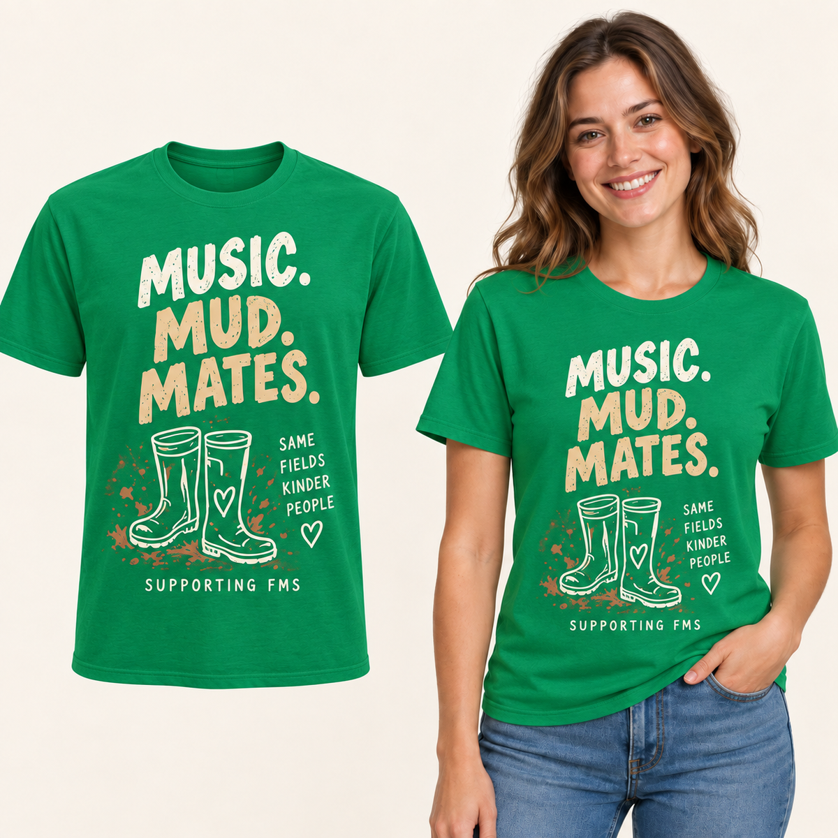 Music Mud Mates front-print Kelly Green T-shirt beside an adult woman wearing the same design. FMS Friends.