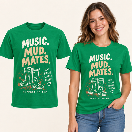 Music Mud Mates front-print Kelly Green T-shirt beside an adult woman wearing the same design. FMS Friends.