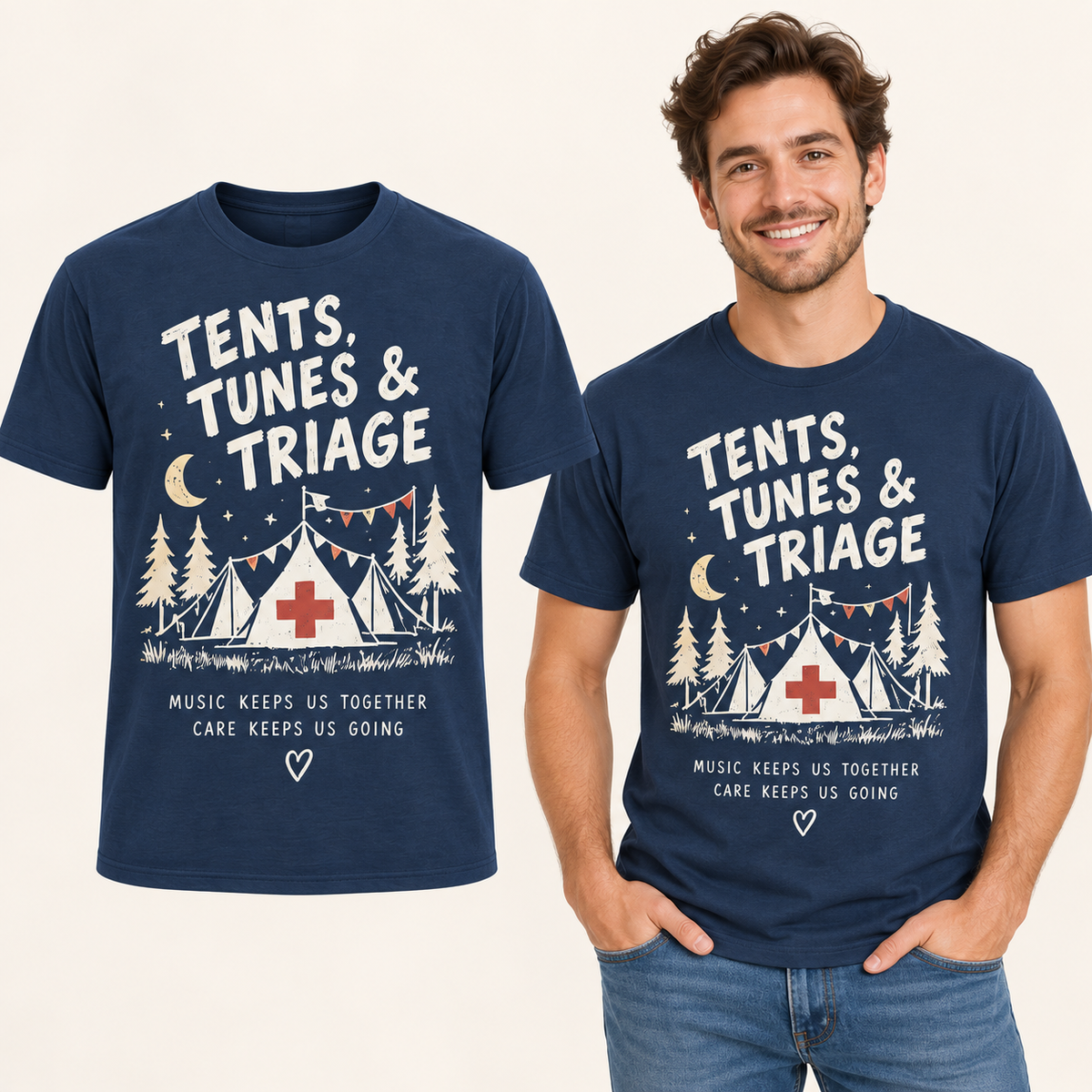 Tents Tunes & Triage front-print Navy T-shirt beside an adult man wearing the same design. FMS Friends.