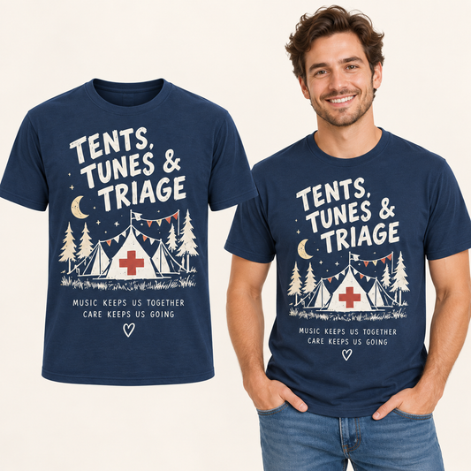 Tents Tunes & Triage front-print Navy T-shirt beside an adult man wearing the same design. FMS Friends.