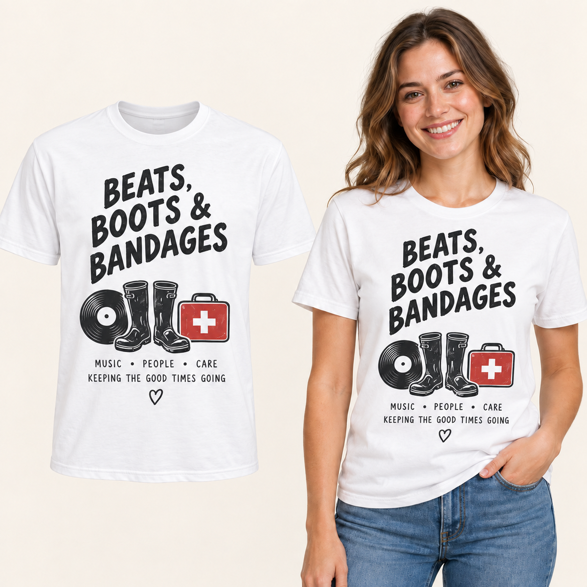 Beats Boots & Bandages front-print White T-shirt beside an adult woman wearing the same design. FMS Friends.