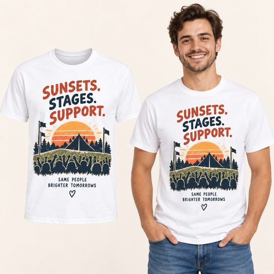 Sunsets Stages Support front-print White T-shirt beside an adult man wearing the same design. FMS Friends.