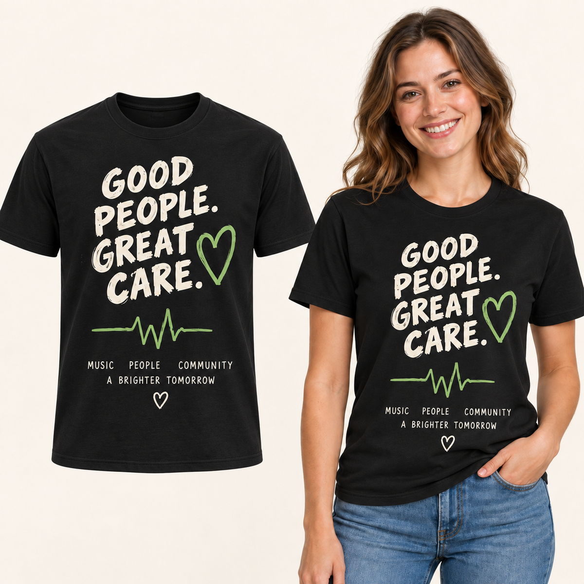 Good People Great Care front-print Black T-shirt beside an adult woman wearing the same design. FMS Friends.