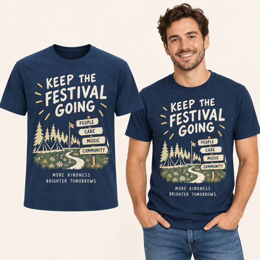 Keep the Festival Going front-print Navy T-shirt beside an adult man wearing the same design. FMS Friends.
