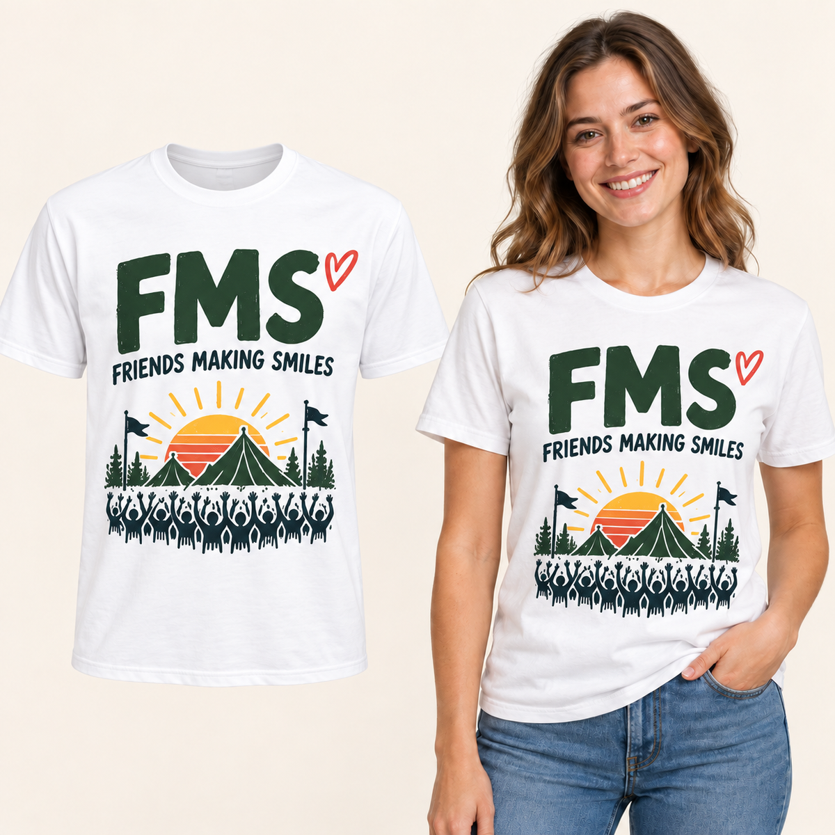 Friends Making Smiles Sunset front-print White T-shirt beside an adult woman wearing the same design. FMS Friends.