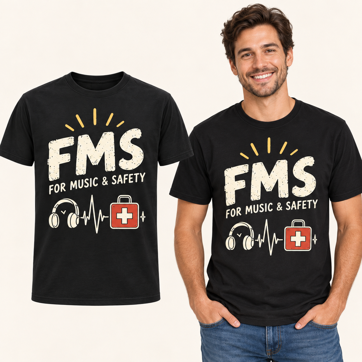 For Music & Safety Headphones front-print Black T-shirt beside an adult man wearing the same design. FMS Friends.