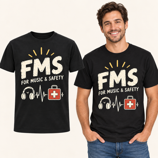 For Music & Safety Headphones front-print Black T-shirt beside an adult man wearing the same design. FMS Friends.