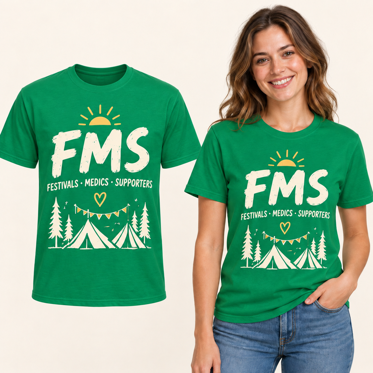 Festivals Medics Supporters front-print Kelly Green T-shirt beside an adult woman wearing the same design. FMS Friends.