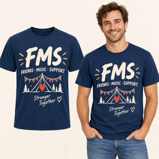 Friends Music Support front-print Navy T-shirt beside an adult man wearing the same design. FMS Friends.