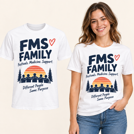 FMS Family Sunset front-print White T-shirt beside an adult woman wearing the same design. FMS Friends.