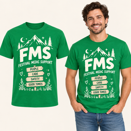 Festival Medic Support front-print Kelly Green T-shirt beside an adult man wearing the same design. FMS Friends.