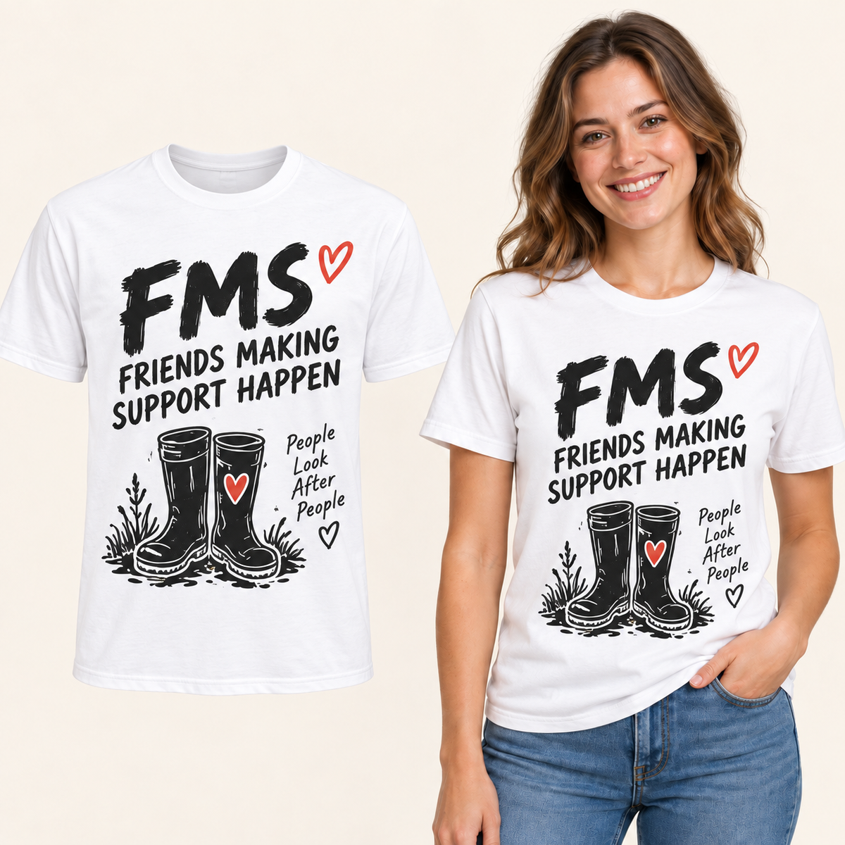 Friends Making Support Happen front-print White T-shirt beside an adult woman wearing the same design. FMS Friends.
