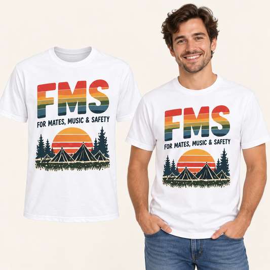 For Mates Music & Safety front-print White T-shirt beside an adult man wearing the same design. FMS Friends.