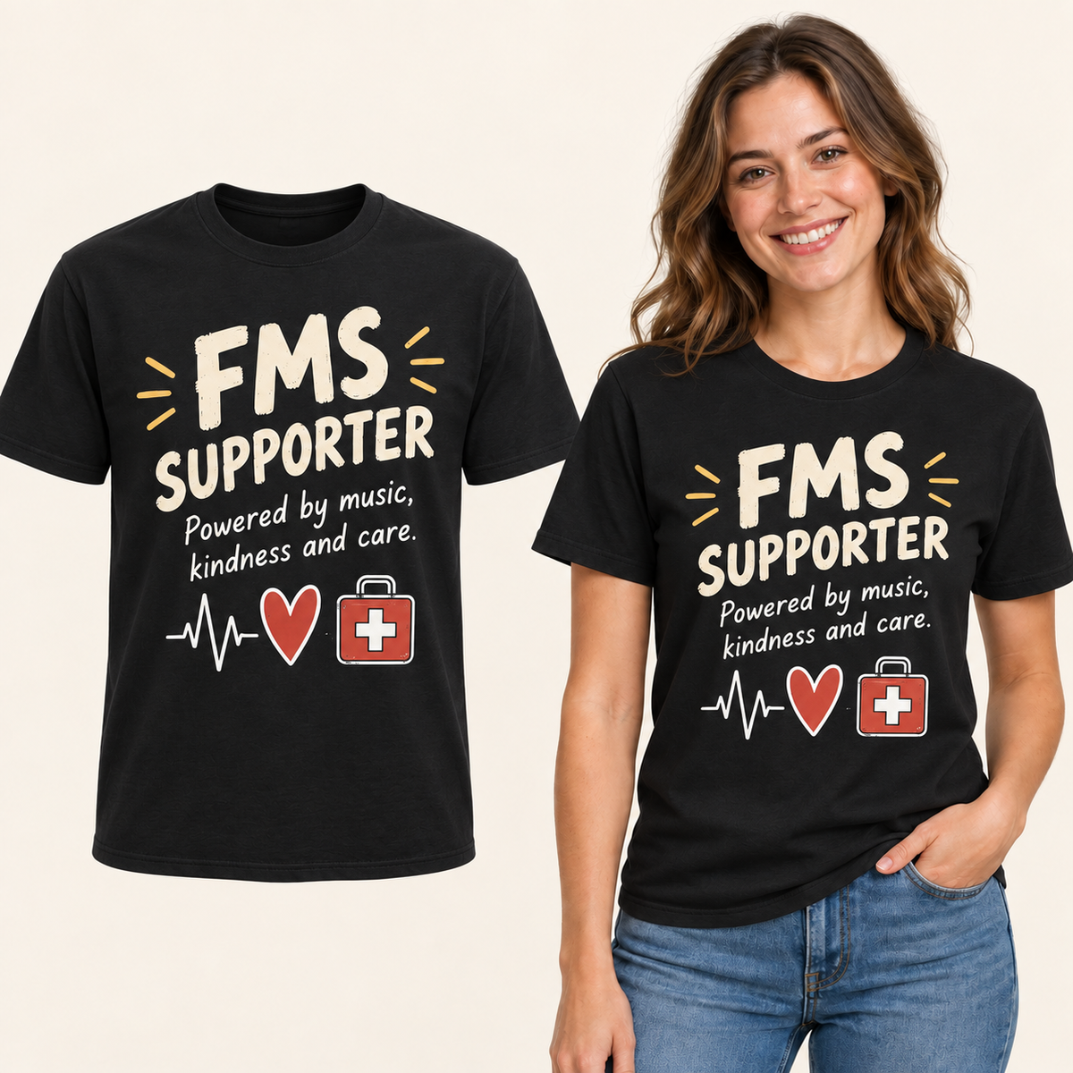 FMS Supporter Heartbeat front-print Black T-shirt beside an adult woman wearing the same design. FMS Friends.