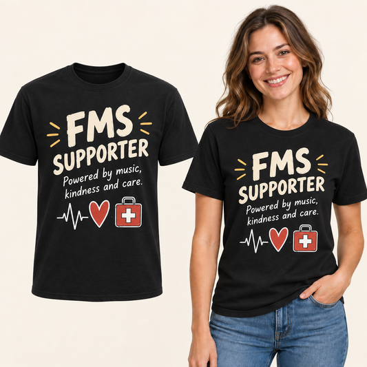 FMS Supporter Heartbeat front-print Black T-shirt beside an adult woman wearing the same design. FMS Friends.
