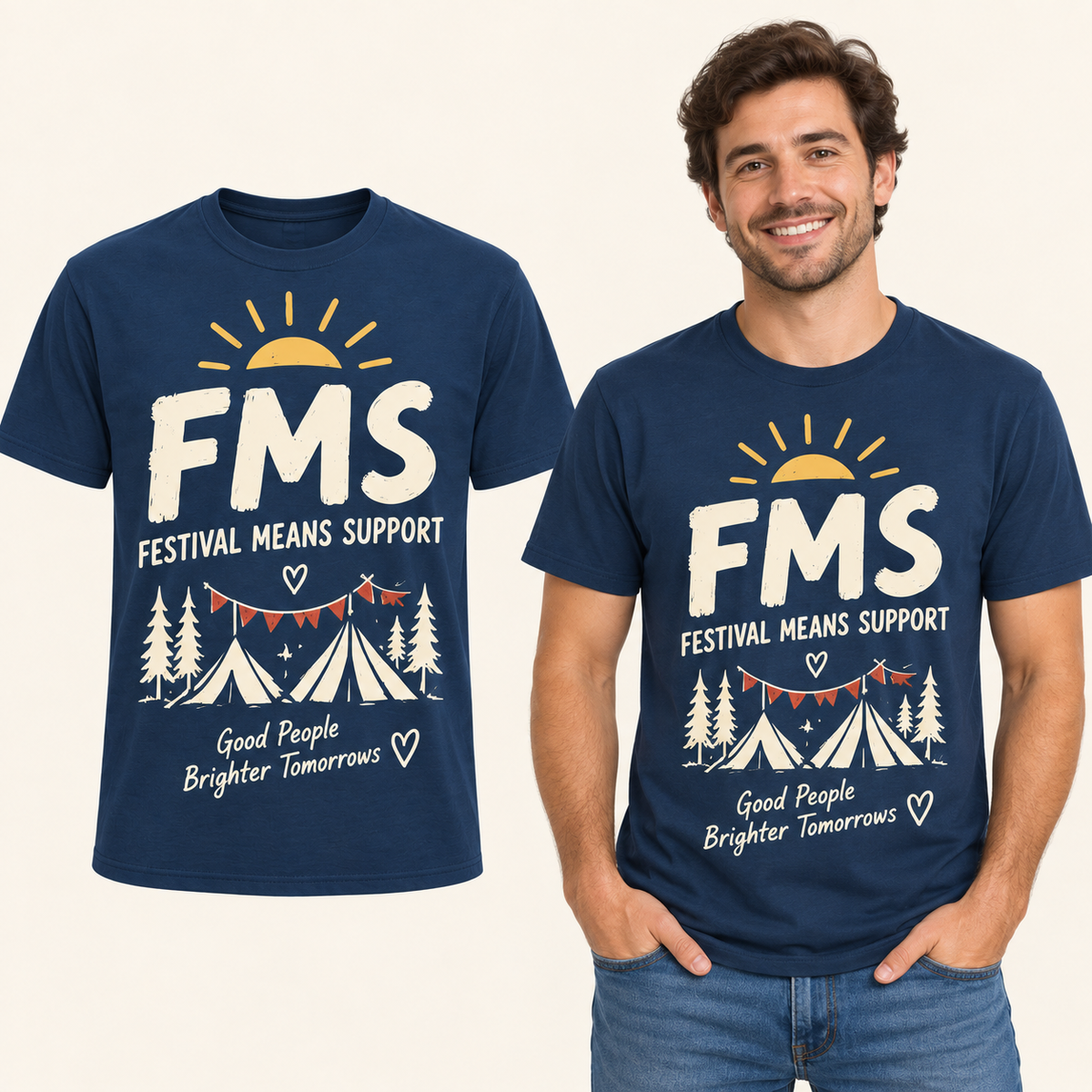 Festival Means Support front-print Navy T-shirt beside an adult man wearing the same design. FMS Friends.