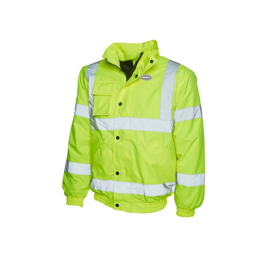 Hi-Vis ScaffeD-uP Bomber Jacket with a 60 mm ScaffeD-uP badge on the wearer's left chest; shown in yellow, with yellow and orange available.