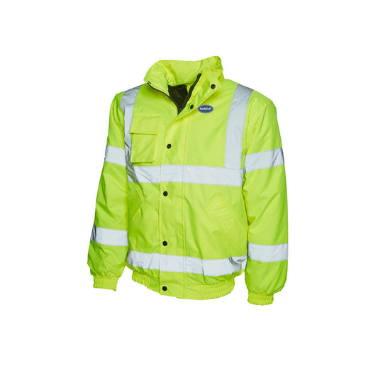Hi-Vis RoofeD-uP Bomber Jacket with a 60 mm RoofeD-uP badge on the wearer's left chest; shown in yellow, with yellow and orange available.