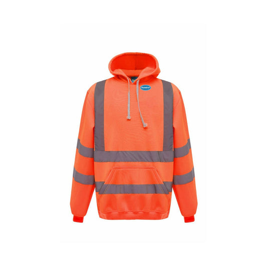Hi-Vis PlumbeD-uP Hoodie with a 60 mm PlumbeD-uP badge on the wearer's left chest; shown in orange, with yellow and orange available.
