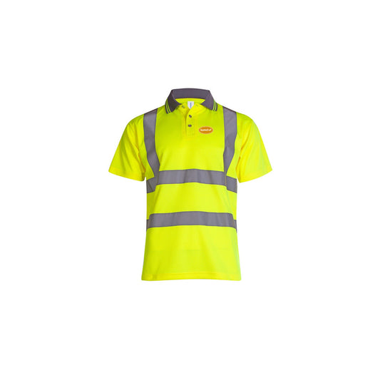Hi-Vis SparkeD-uP Polo Shirt with a 60 mm SparkeD-uP badge on the wearer's left chest; shown in yellow, with yellow and orange available.