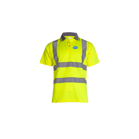 Hi-Vis PlumbeD-uP Polo Shirt with a 60 mm PlumbeD-uP badge on the wearer's left chest; shown in yellow, with yellow and orange available.