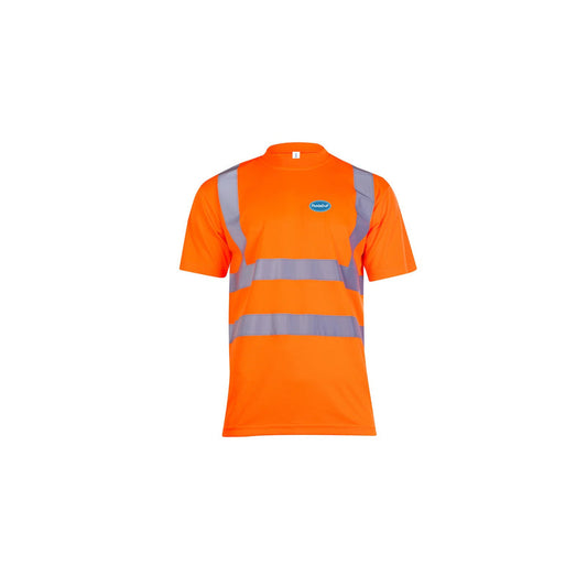 Hi-Vis PlumbeD-uP T-Shirt with a 60 mm PlumbeD-uP badge on the wearer's left chest; shown in orange, with yellow and orange available.