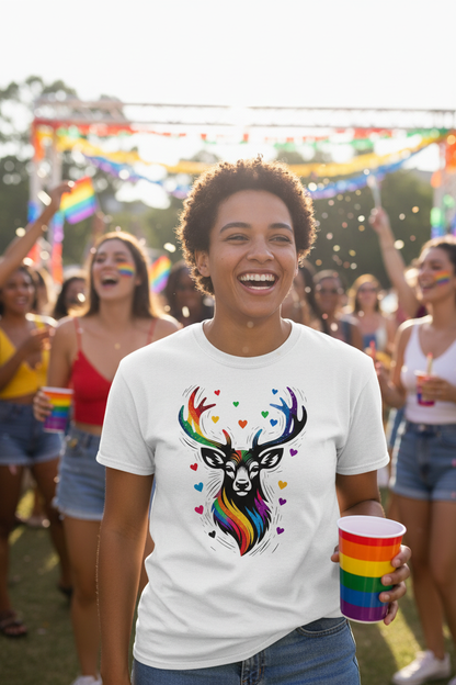 Rainbow stag heart sten do T-shirt lifestyle mockup – custom printed by maxeD-uP