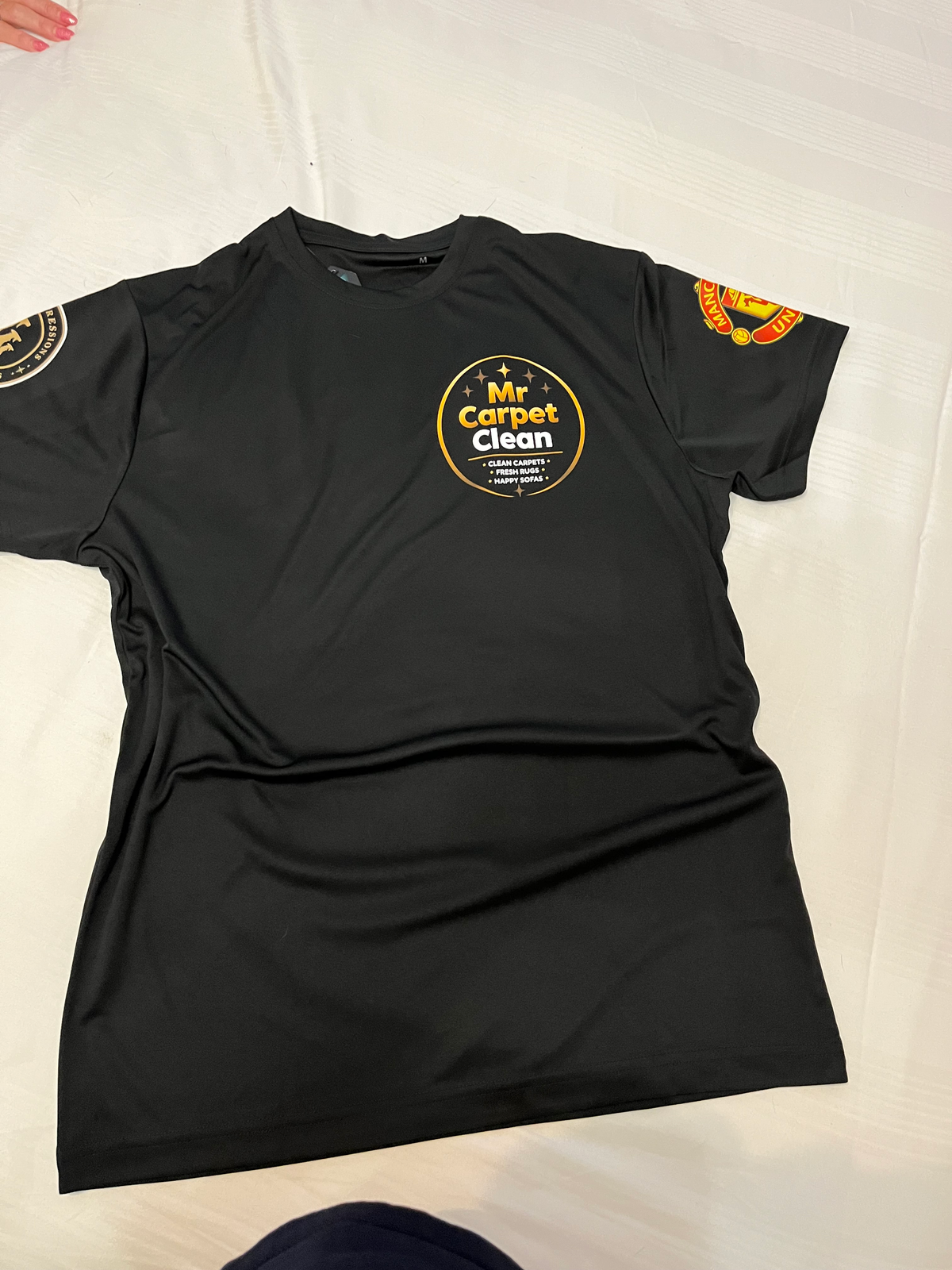 Front of Mr Carpet Clean TriDri performance T-shirt with left-chest logo and personalised football club sleeve badges