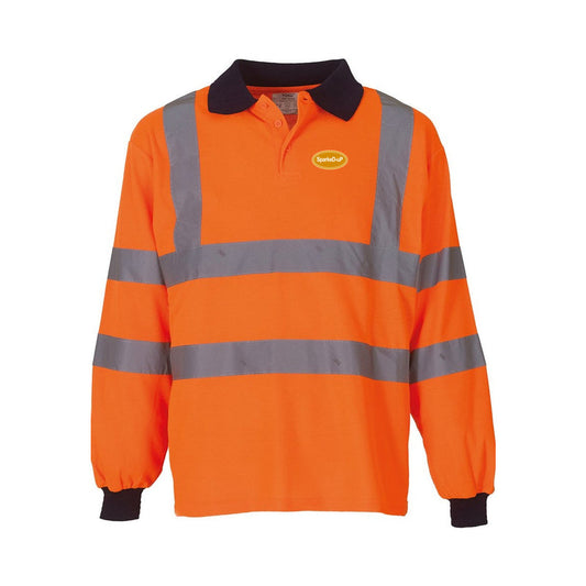Hi-Vis SparkeD-uP Long-Sleeve Polo Shirt with a 60 mm SparkeD-uP badge on the wearer's left chest; shown in orange, with yellow and orange available.