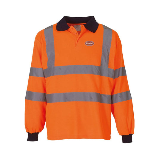 Hi-Vis BrickeD-uP Long-Sleeve Polo Shirt with a 60 mm BrickeD-uP badge on the wearer's left chest; shown in orange, with yellow and orange available.