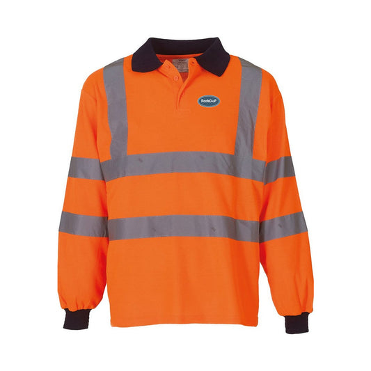 Hi-Vis RoofeD-uP Long-Sleeve Polo Shirt with a 60 mm RoofeD-uP badge on the wearer's left chest; shown in orange, with yellow and orange available.