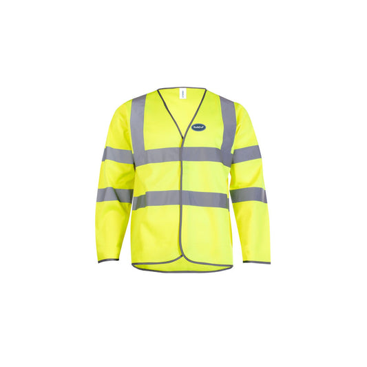 Hi-Vis RoofeD-uP Long-Sleeve Safety Waistcoat with a 60 mm RoofeD-uP badge on the wearer's left chest; shown in yellow, with yellow and orange available.