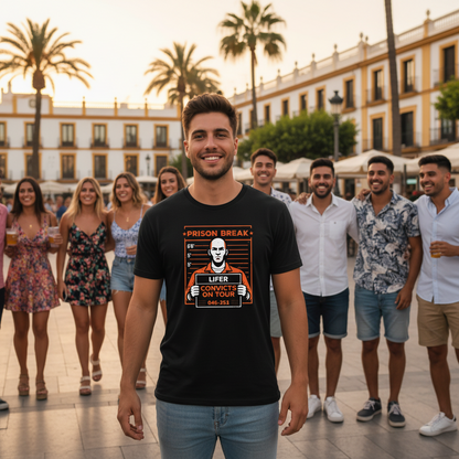 groom in stag weekend t-shirt in Benidorm 