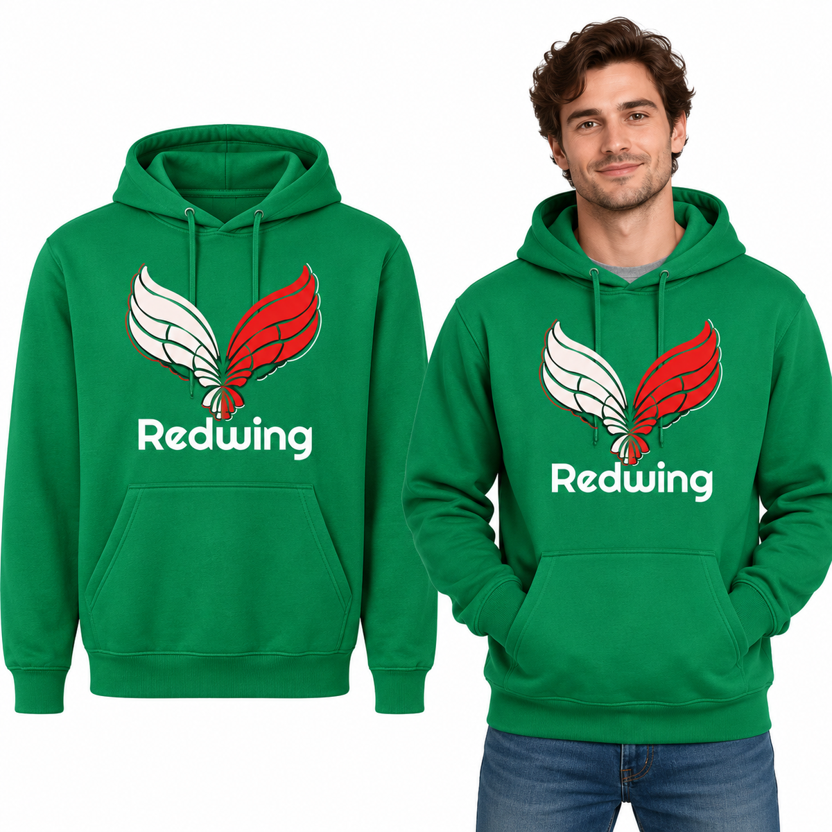 Redwing Classic Hoodie - Uneek UC502 in Kelly Green - Redwing garment and model mockup