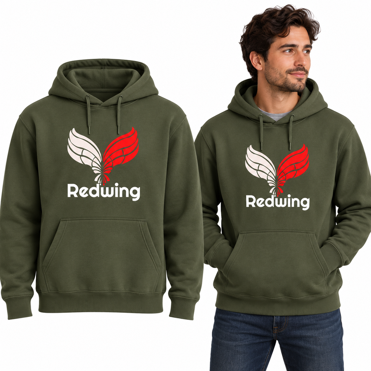 Redwing Classic Hoodie - Uneek UC502 in Military Green - Redwing garment and model mockup