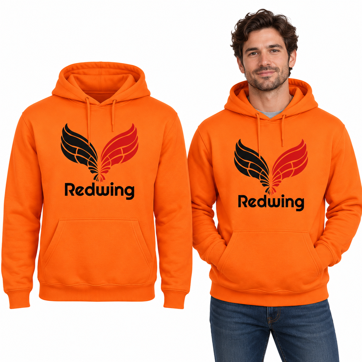 Redwing Deluxe Hoodie - Uneek UC509 in Orange - Redwing garment and model mockup