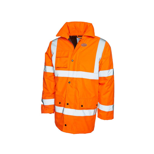 Hi-Vis BrickeD-uP Road-Safety Jacket with a 60 mm BrickeD-uP badge on the wearer's left chest; shown in orange, with yellow and orange available.
