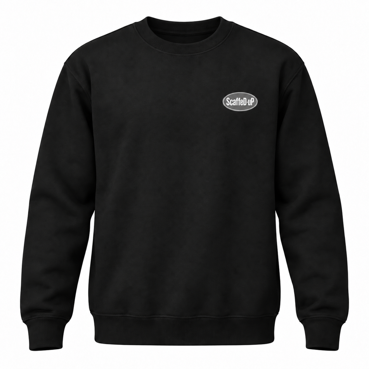 ScaffeD-uP black crew-neck sweatshirt mock-up showing the oval logo on the wearer’s left chest.